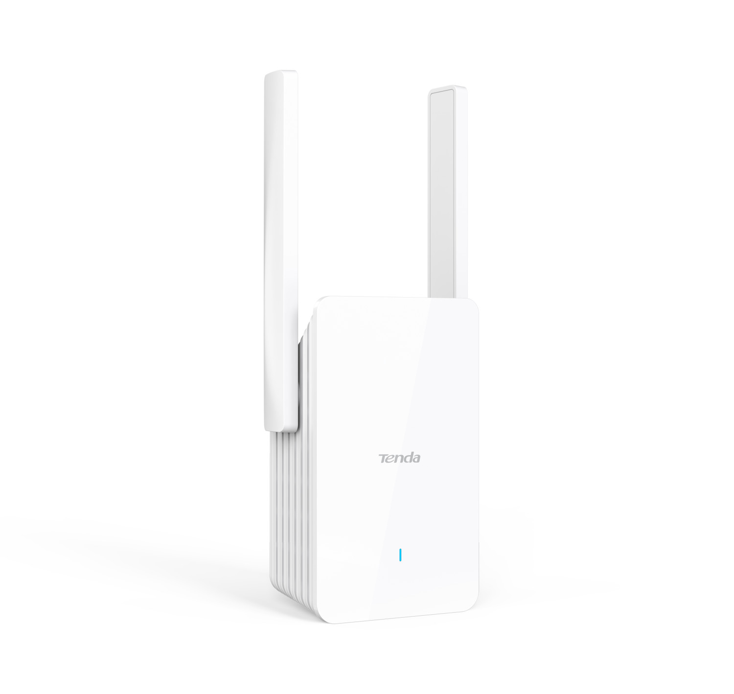  İki antenli ve mavi gösterge ışıklı beyaz Tenda Wi-Fi genişletici.