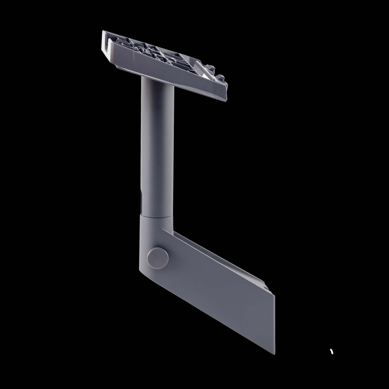 Un brazo de montaje de monitor gris ajustable con base plana y parte superior enrejada.