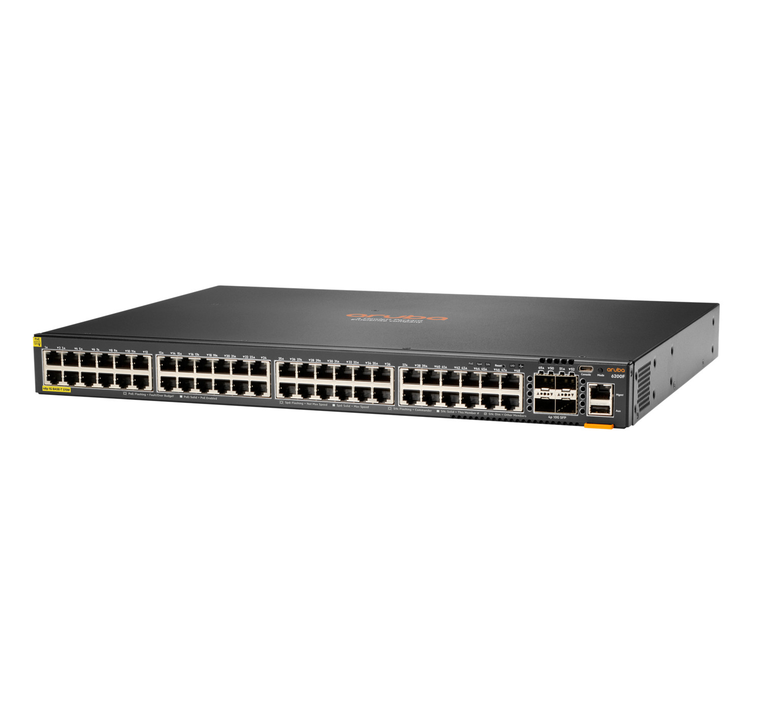 Switch di rete Aruba 6200F nero con 48 porte e 4 porte SFP.