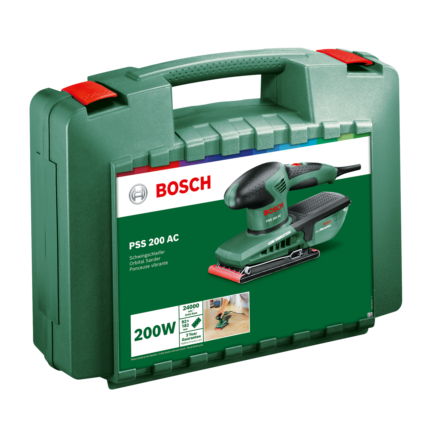 Maletín verde Bosch con lijadora e información del producto.