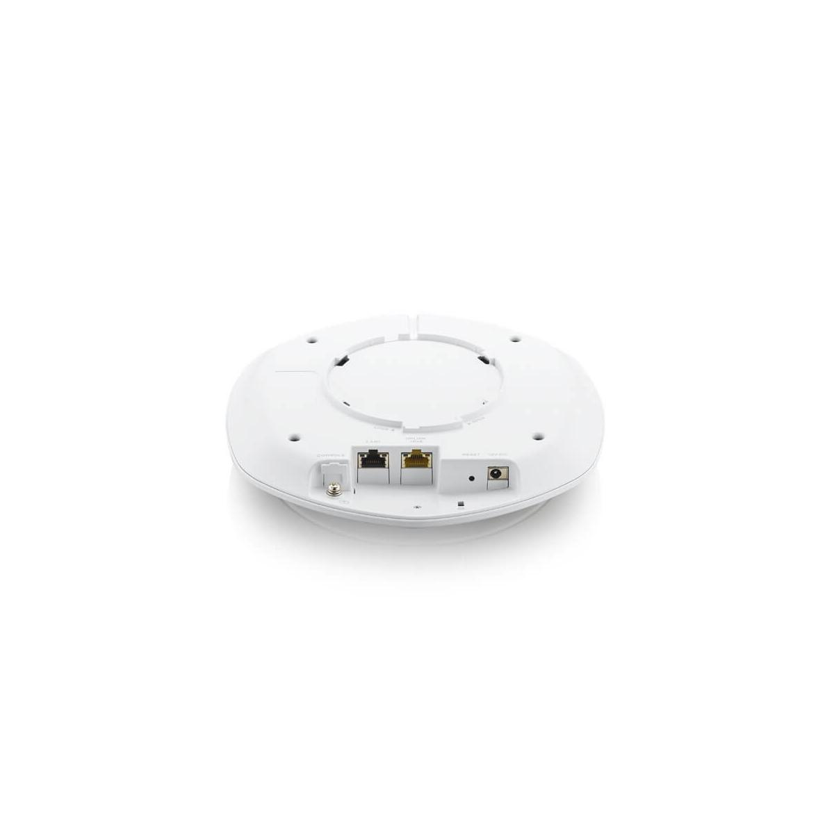 Parte inferior de un punto de acceso de red blanco con dos puertos Ethernet, un puerto de consola y un botón de reinicio.