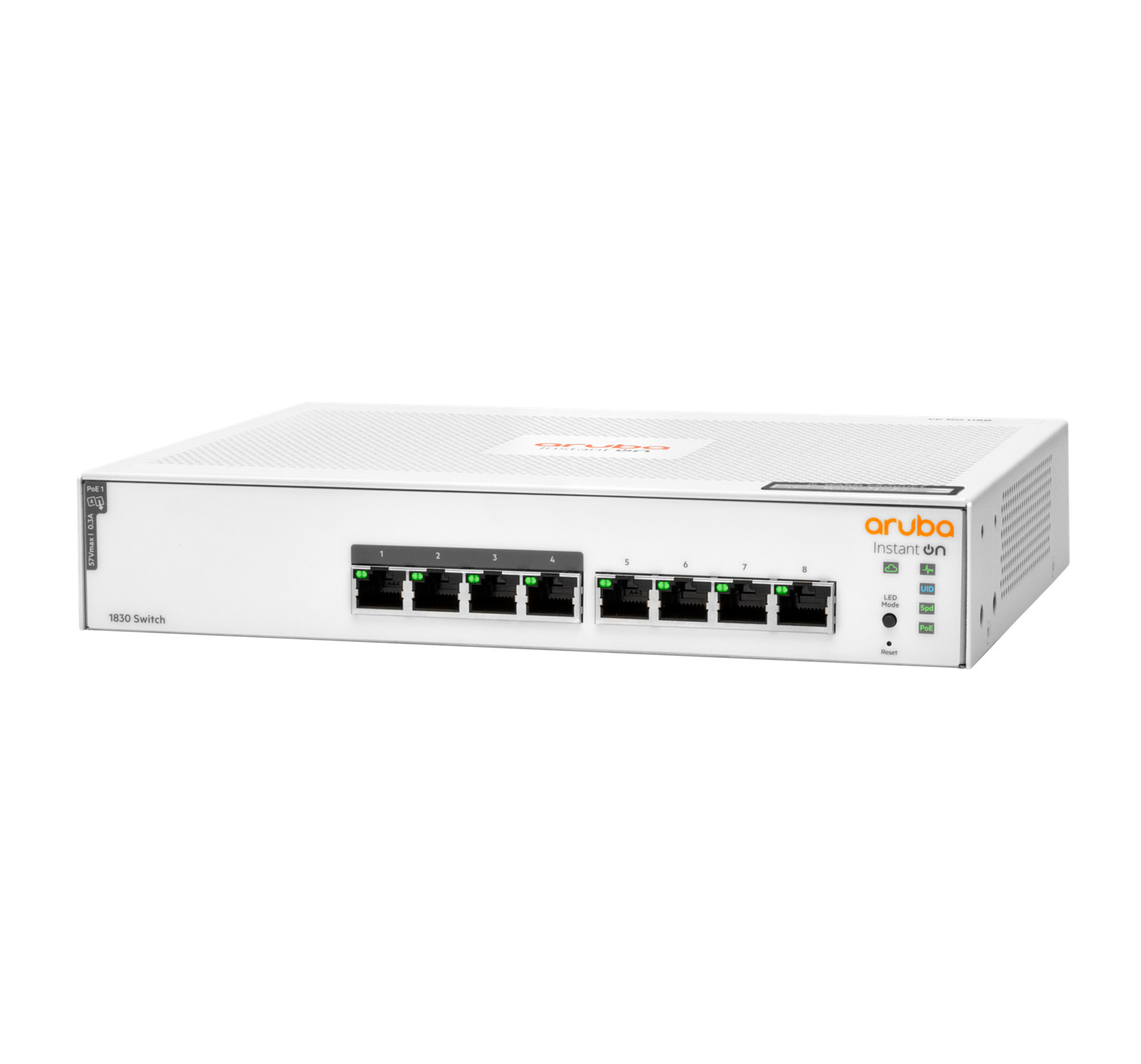 White 8-port Aruba Instant On 1830 switch with LED indicators and numbered ports.