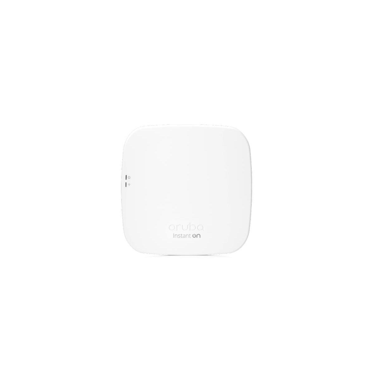 Un AP Aruba Instant On blanco con dos indicadores LED y logo.