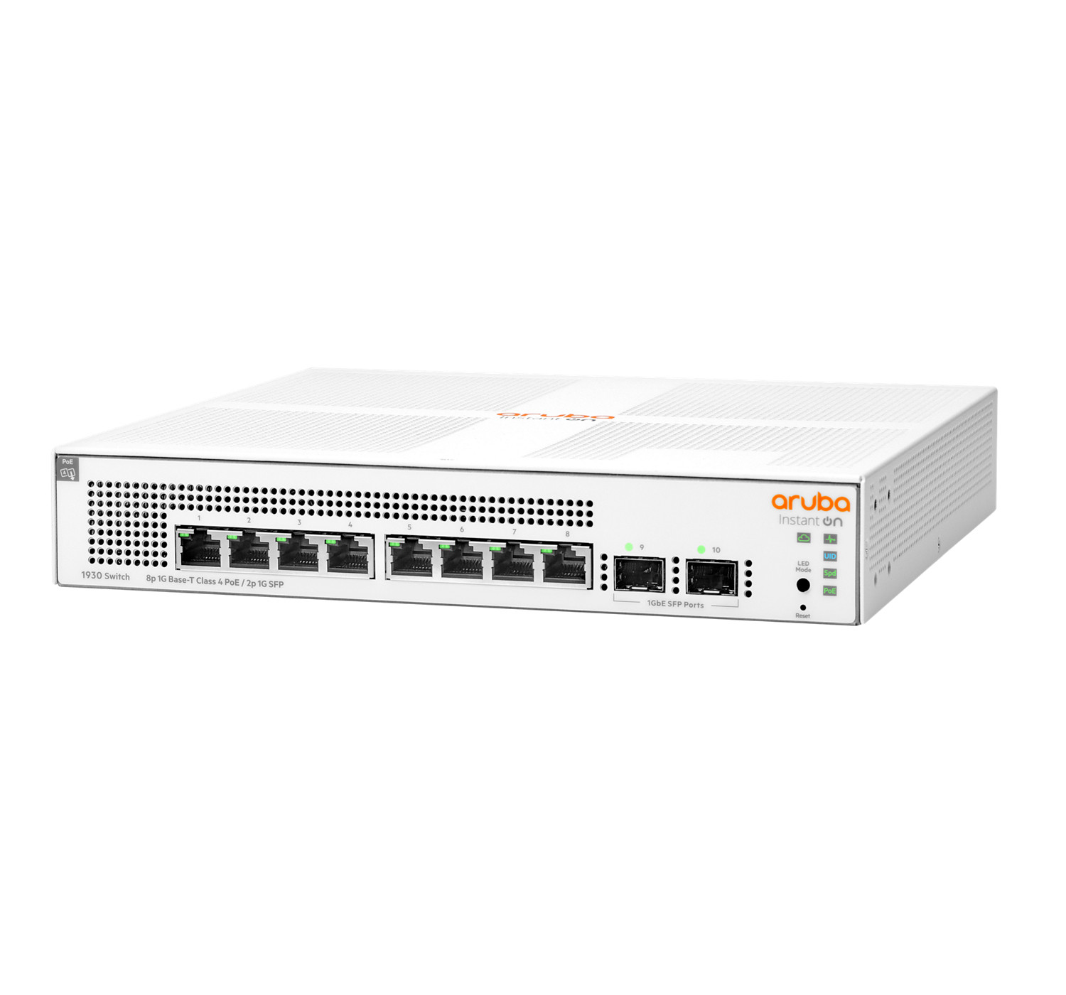 Ein weißer Aruba Instant On 1930 Switch mit 8x 1GbE PoE-Ports und 2x 1GbE SFP-Ports.
