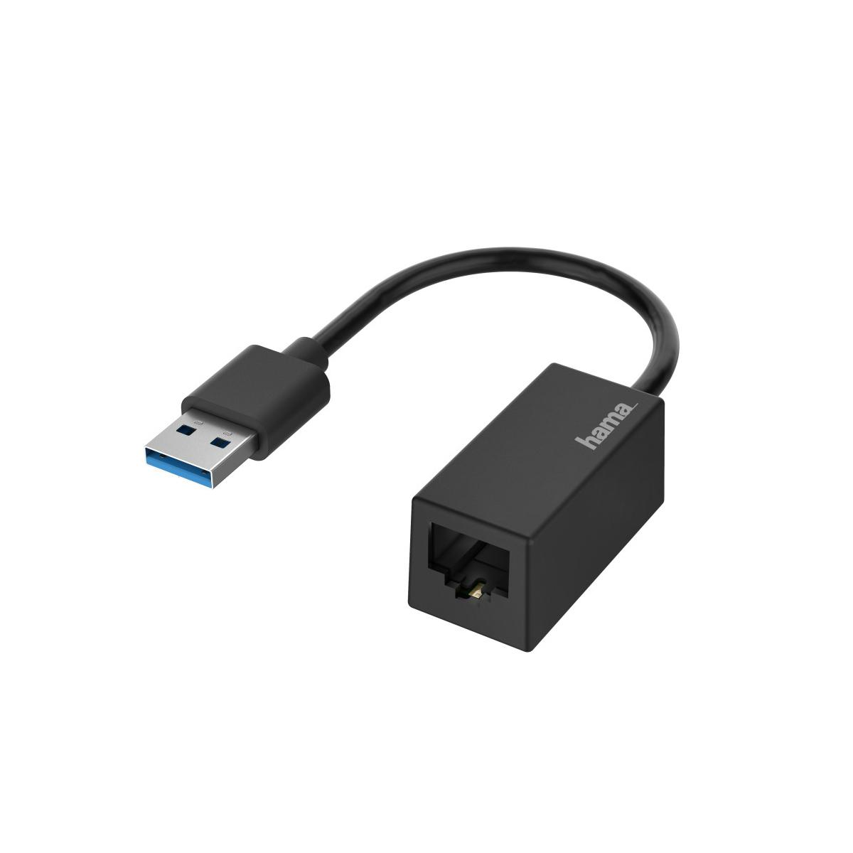 Czarny adapter USB na Ethernet z niebieską wtyczką USB i logo Hama.