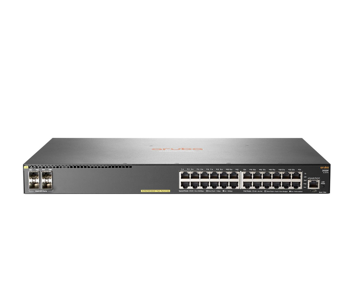 Ein schwarzer Aruba Netzwerk-Switch mit 24 PoE-Ports und 2 SFP-Ports.