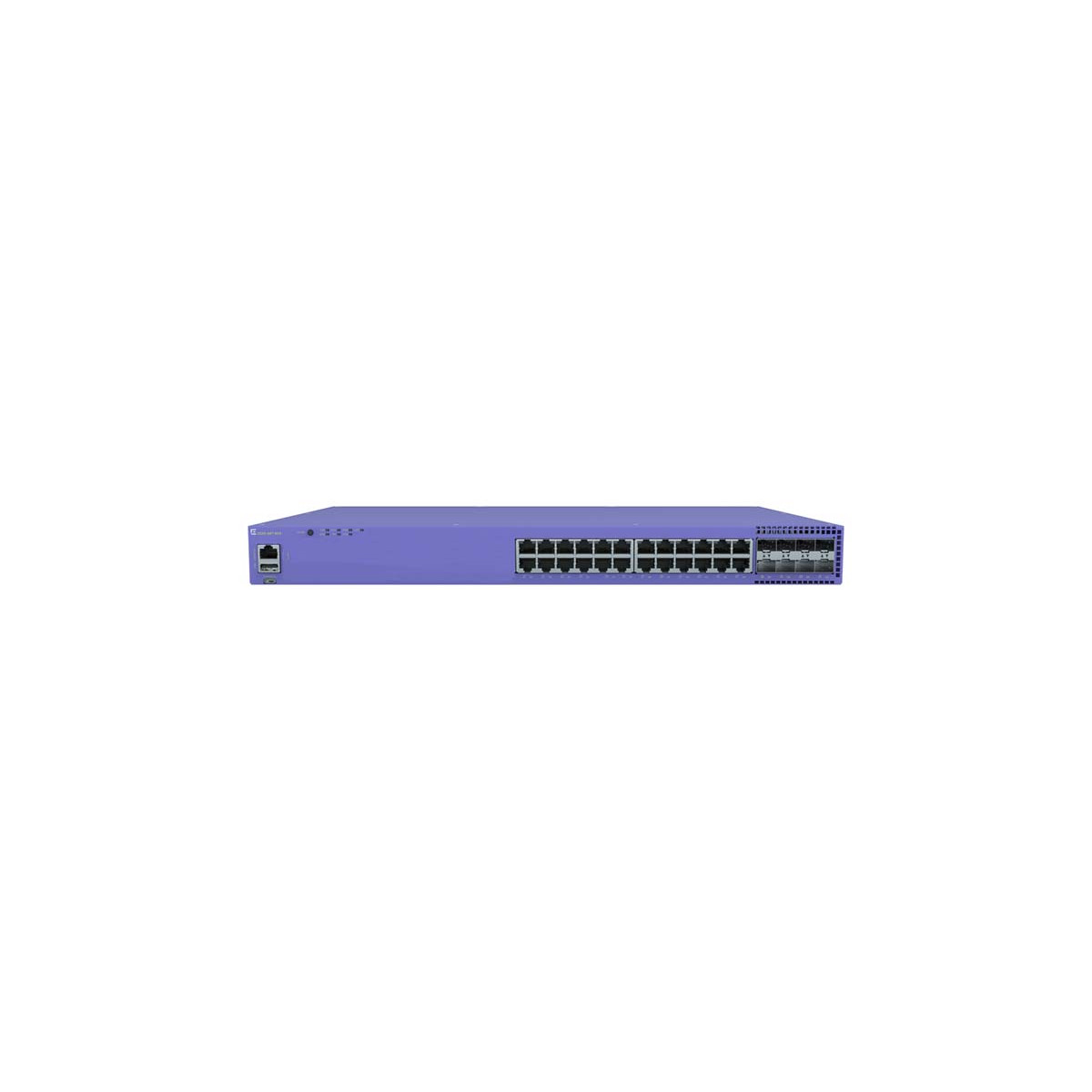 Uno switch di rete viola con 24 porte e una fila di LED di stato.