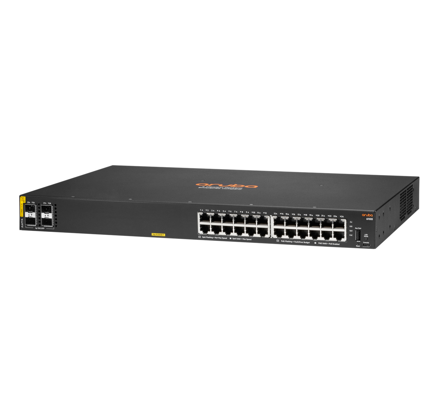 Switch di rete Aruba 6100 nero con 24 porte Ethernet e porte SFP.