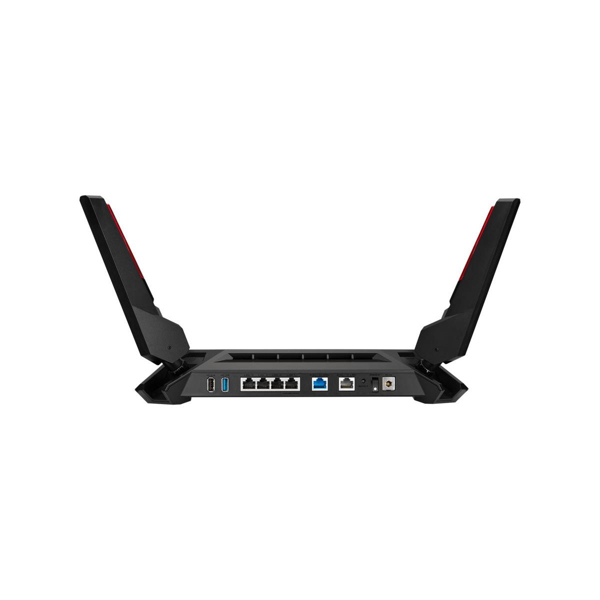 Router nero con accenti rossi e diverse porte sul retro.
