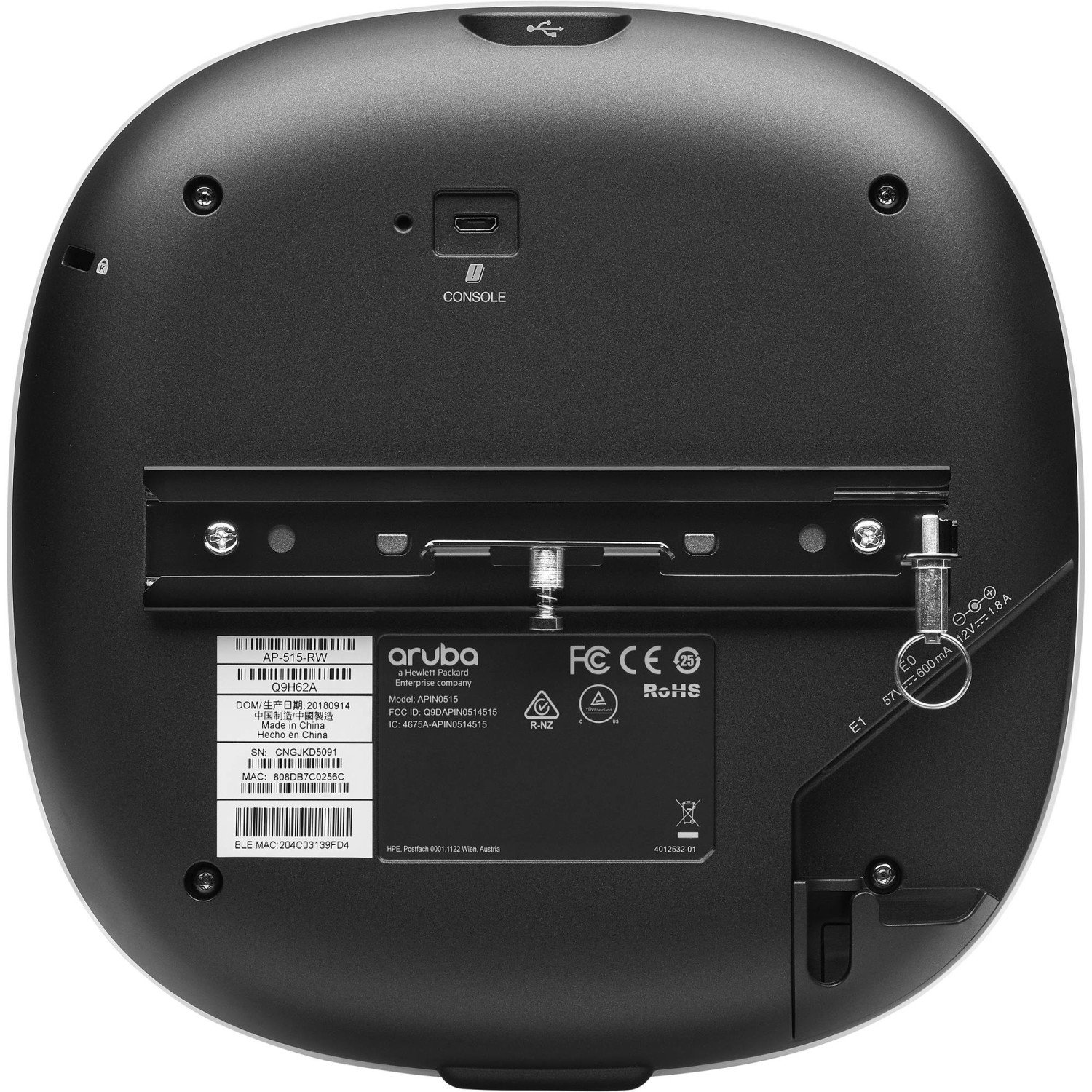 Achterkant van een Aruba AP-515 WLAN access point, met poorten en labels.