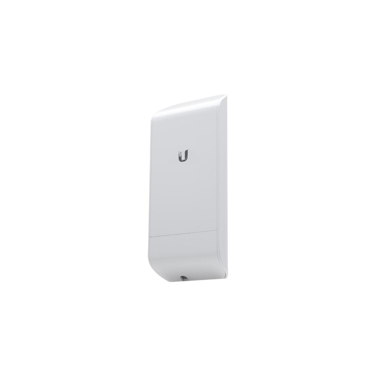 Un dispositivo di rete bianco con il logo Ubiquiti su sfondo bianco.