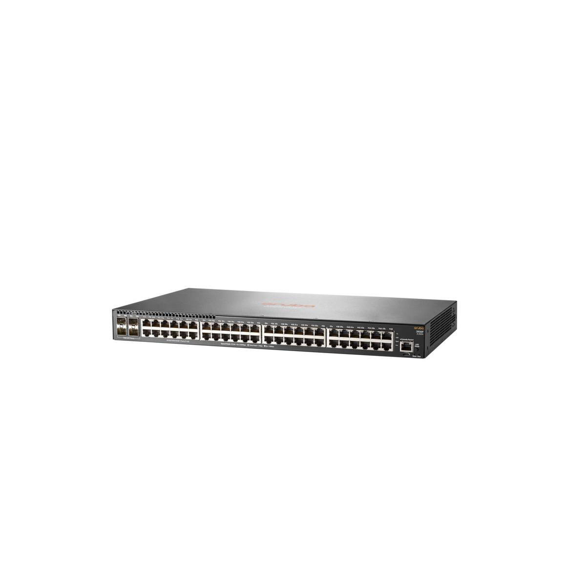 Uno switch di rete nero con molte porte e LED.