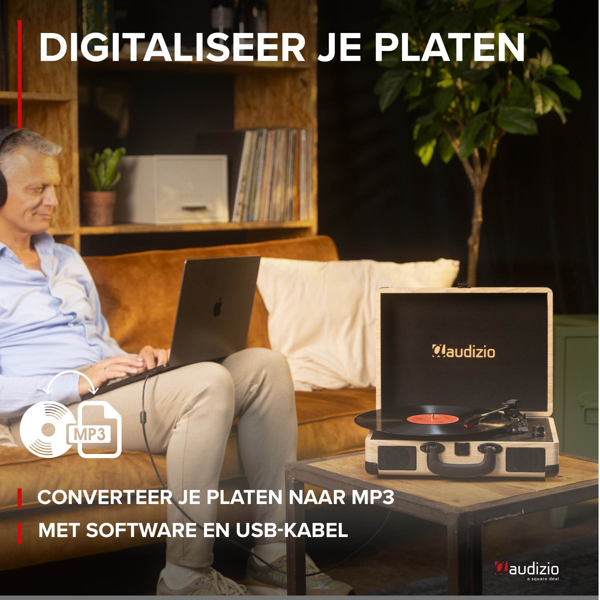 Hombre digitaliza discos a MP3 con laptop y tocadiscos.