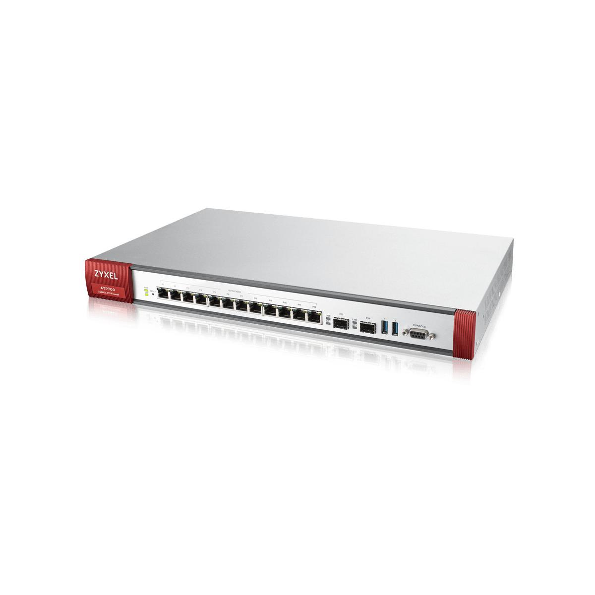 Un dispositivo de red Zyxel ATP100 plateado con detalles rojos y muchos puertos.