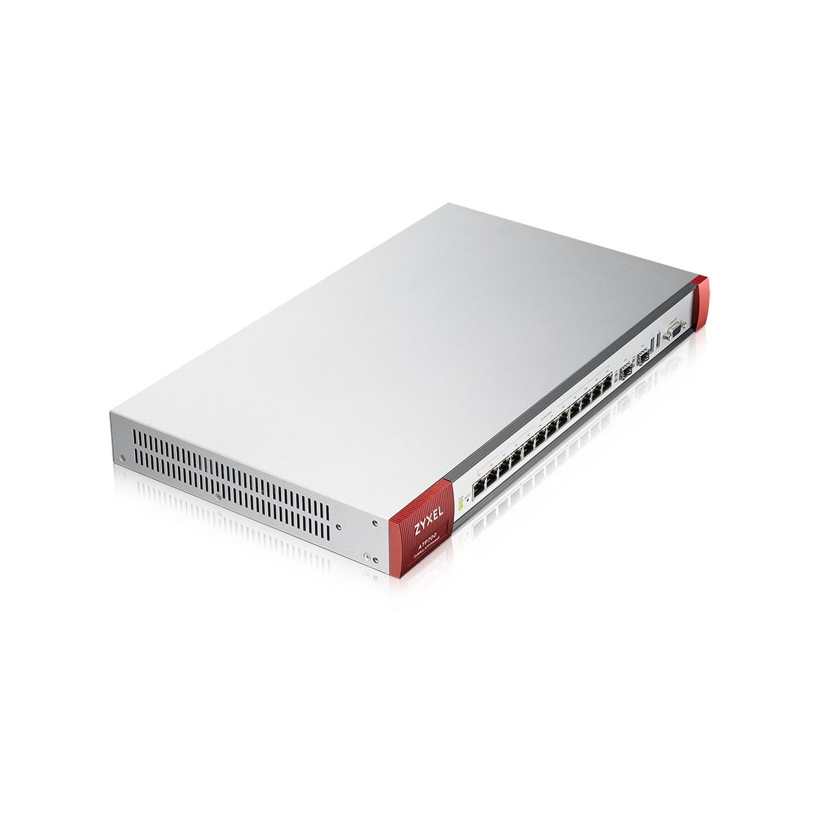 Un switch de red plateado con detalles rojos y múltiples puertos.