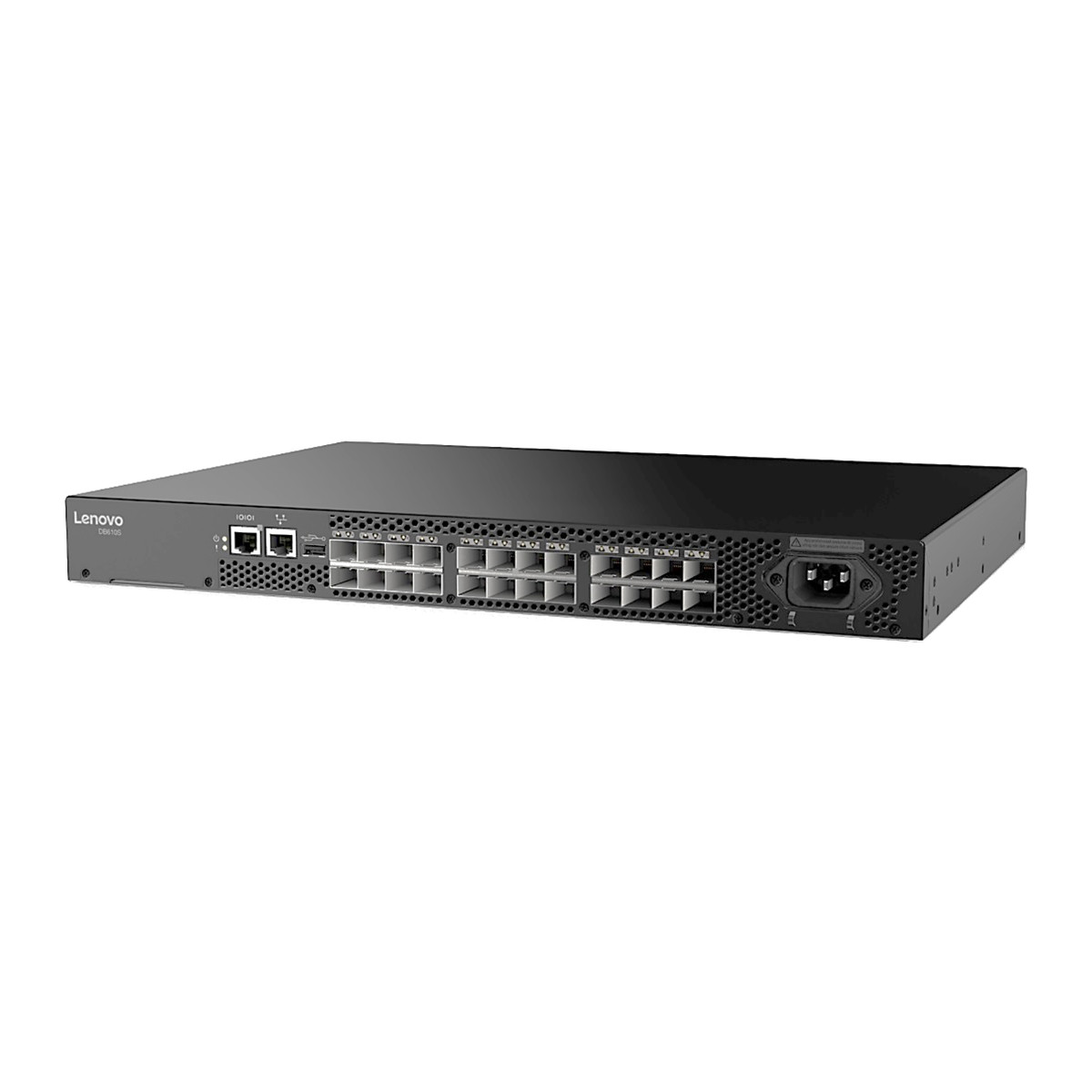 Schwarzer Netzwerk-Switch mit Lenovo-Logo und vielen Anschlüssen.
