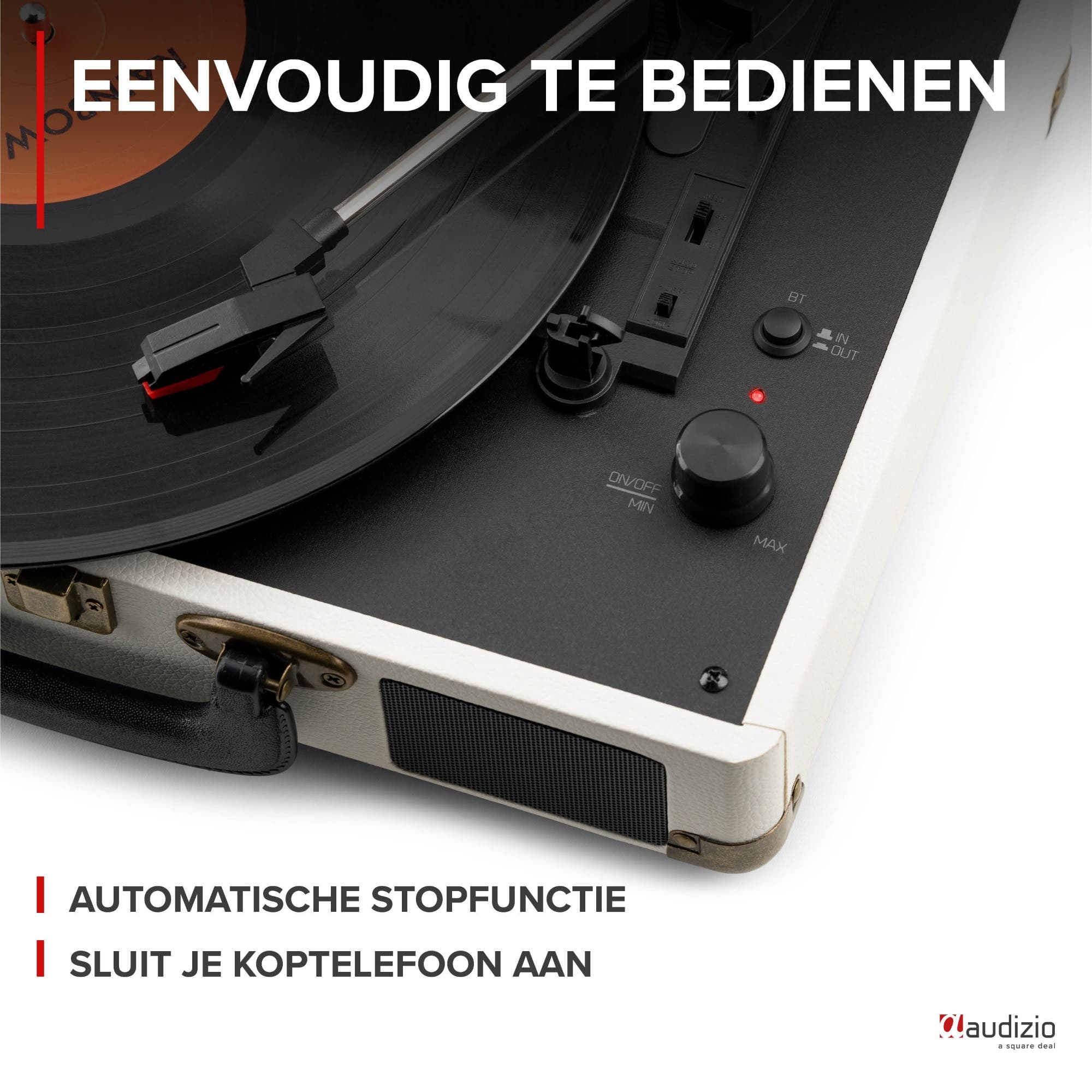 Un tocadiscos con disco de vinilo girando, aguja y controles.