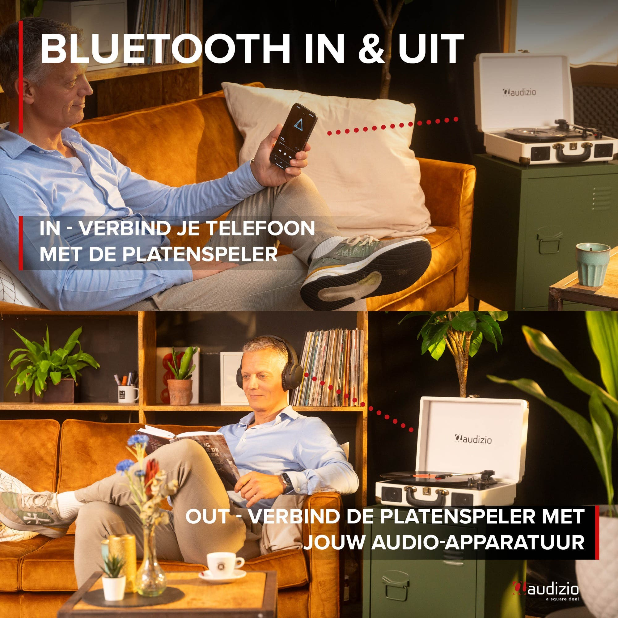Un hombre conecta su teléfono vía Bluetooth a un tocadiscos.