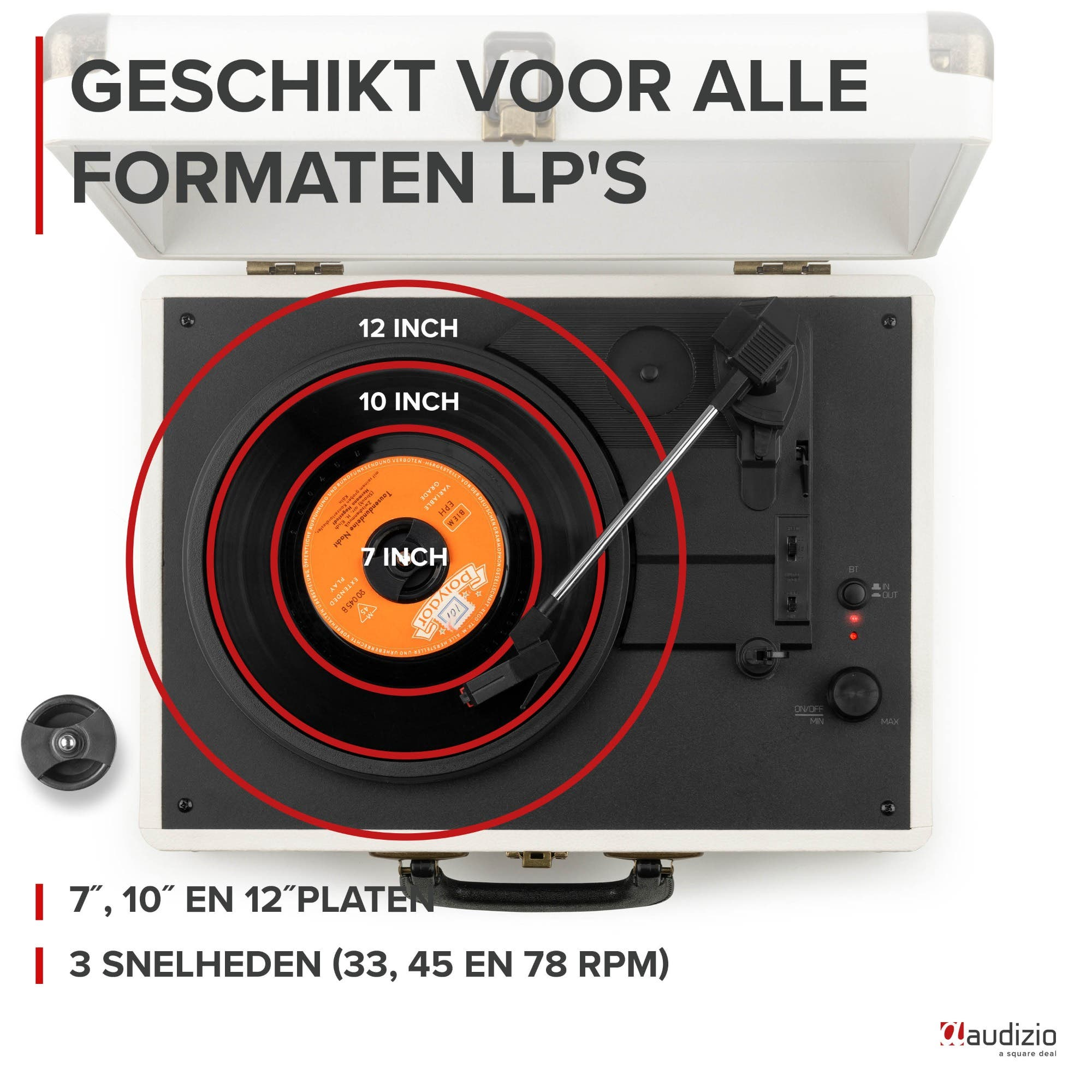 Un tocadiscos con vinilo de 7 pulgadas, soporta discos de 7", 10", 12" y 3 velocidades.