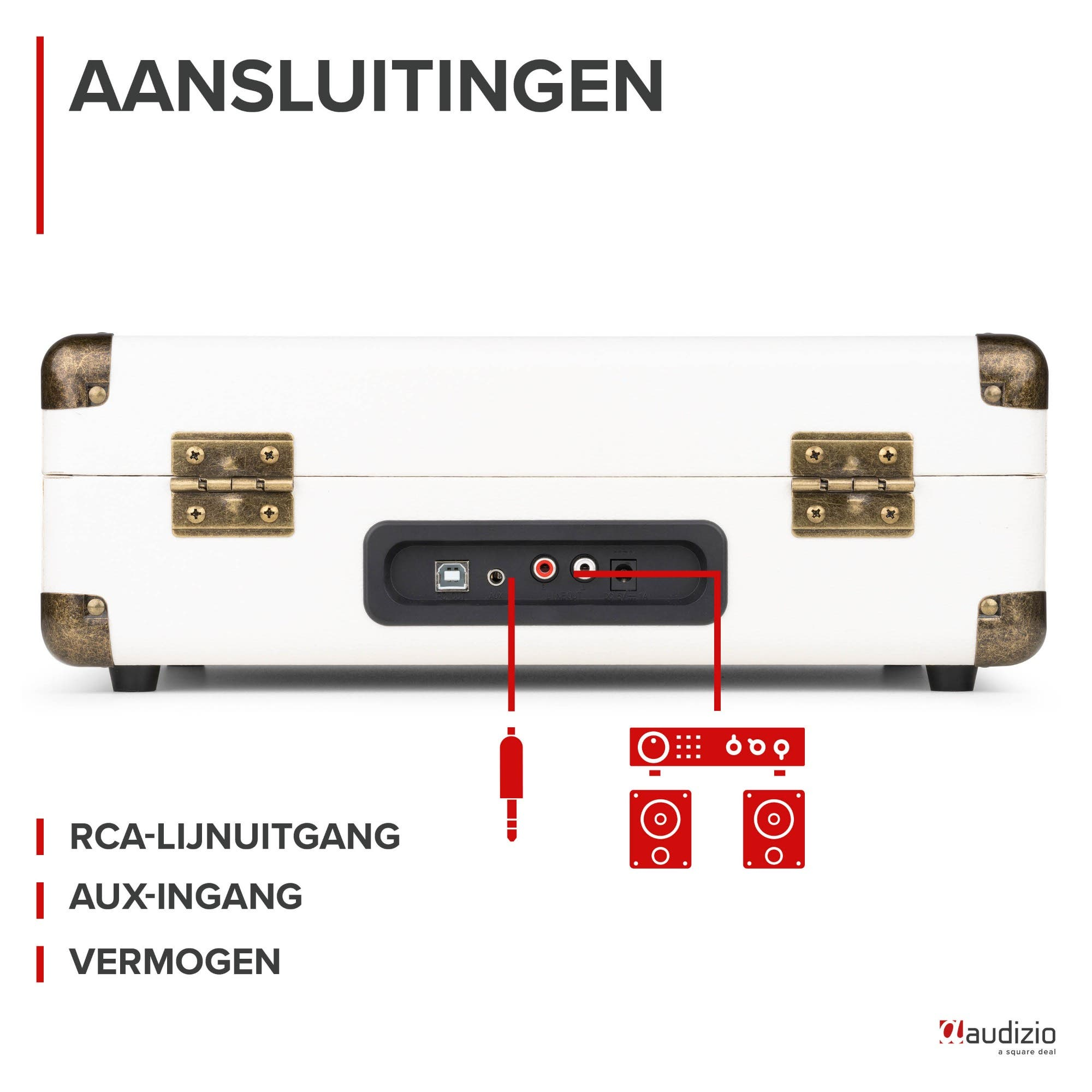 Parte posterior de tocadiscos blanco mostrando puertos: USB, Aux, RCA y alimentación.