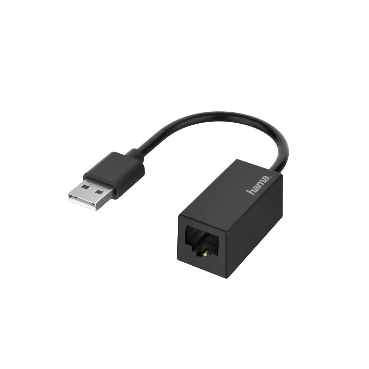 Czarny adapter USB na Ethernet z białym tłem. Adapter posiada złącze USB-A.
