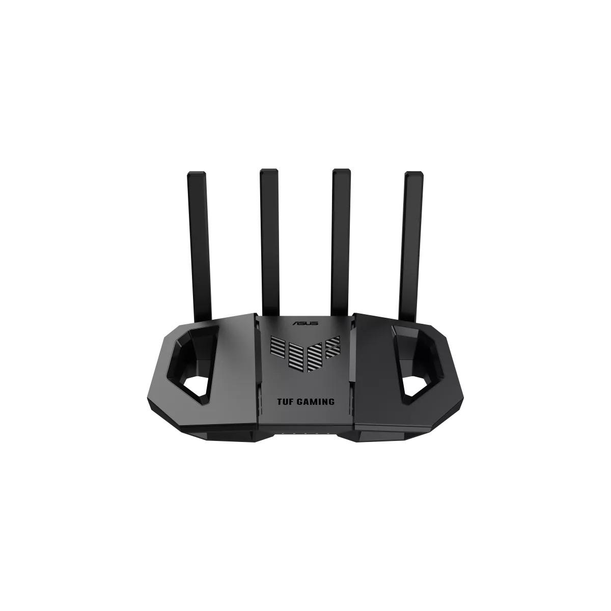 Ein schwarzer ASUS TUF Gaming Router mit vier Antennen auf weißem Hintergrund.