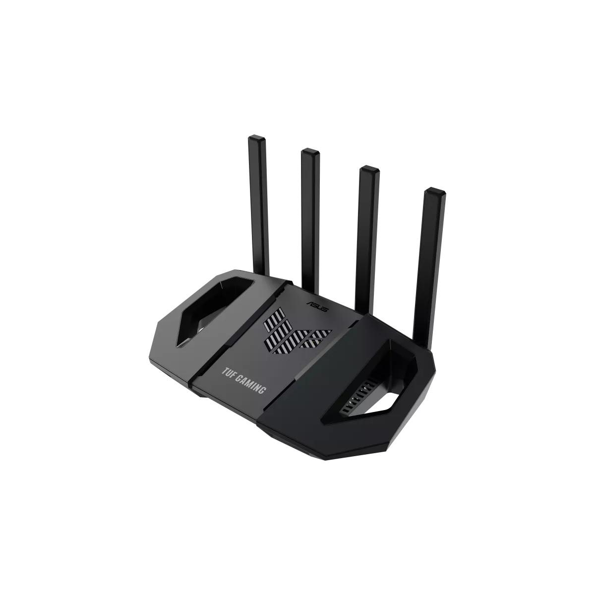 Ein schwarzer ASUS TUF Gaming Router mit vier Antennen auf weißem Hintergrund.