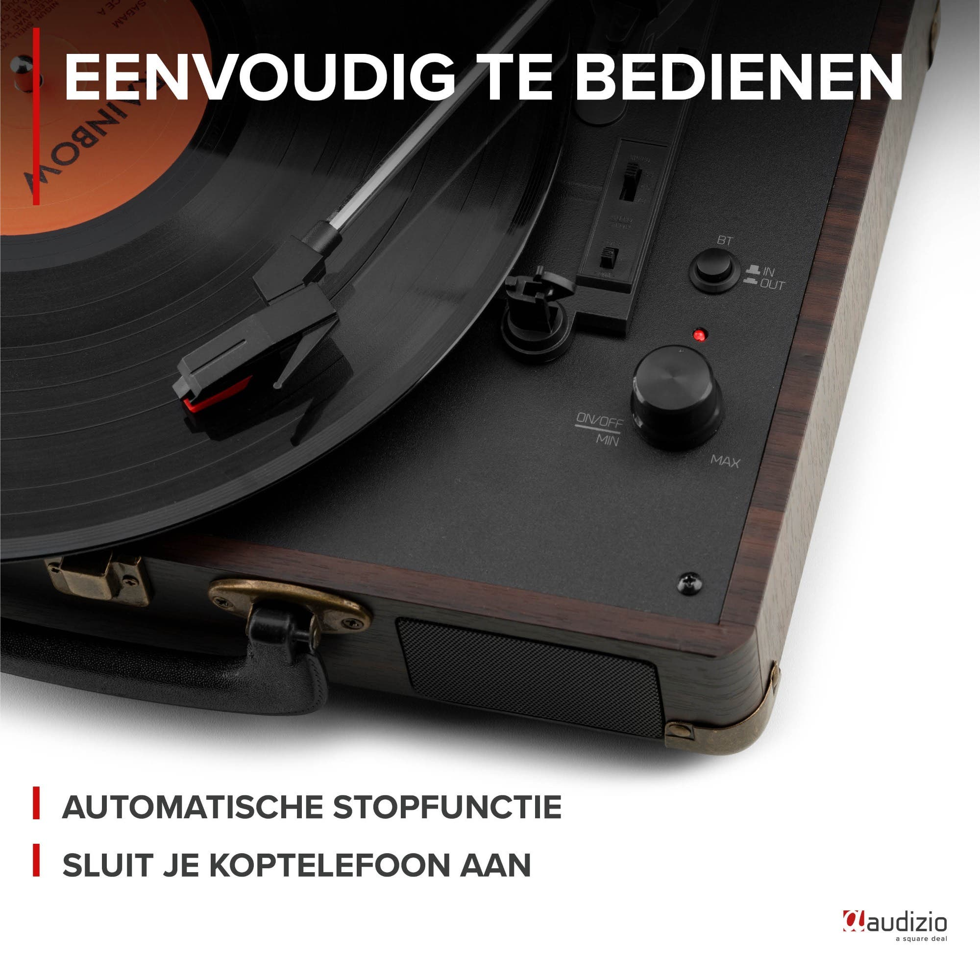 Un tocadiscos con disco de vinilo, brazo de lectura y botones.