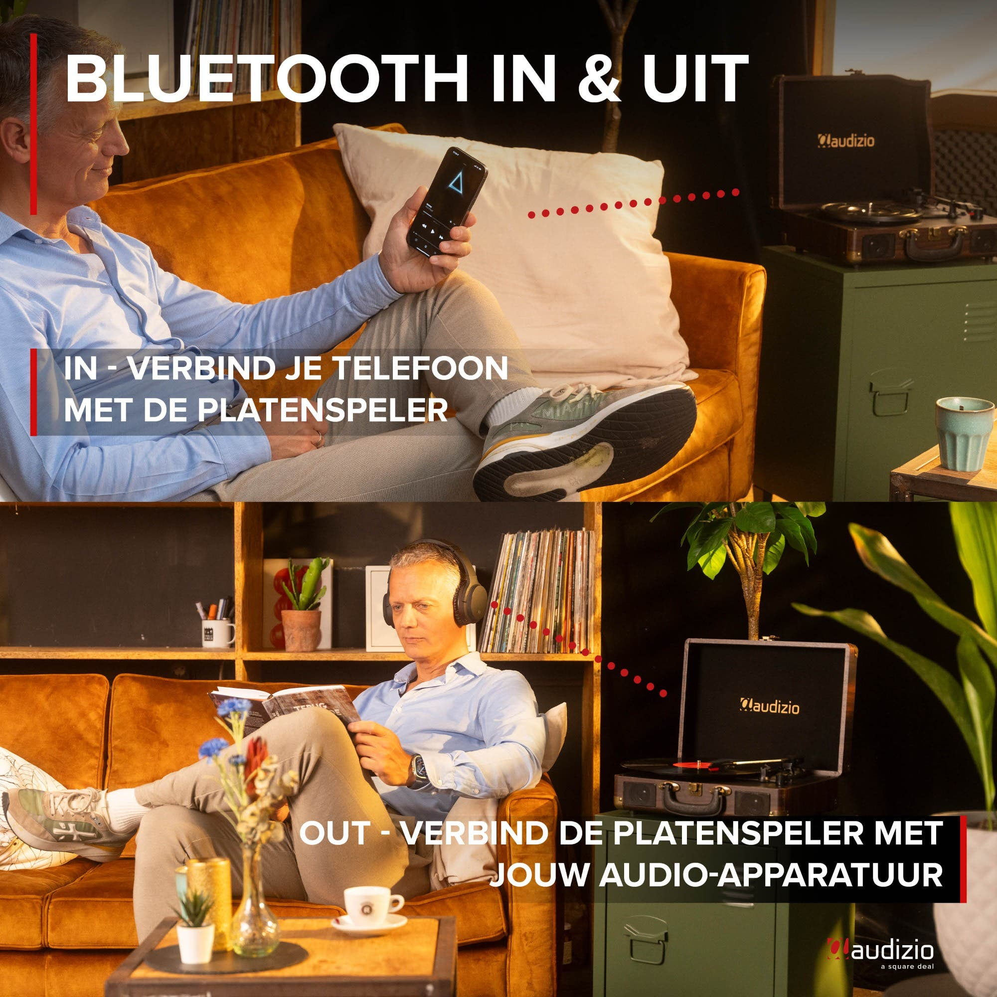 Hombre conecta teléfono a tocadiscos por Bluetooth y auriculares a dispositivo audio.