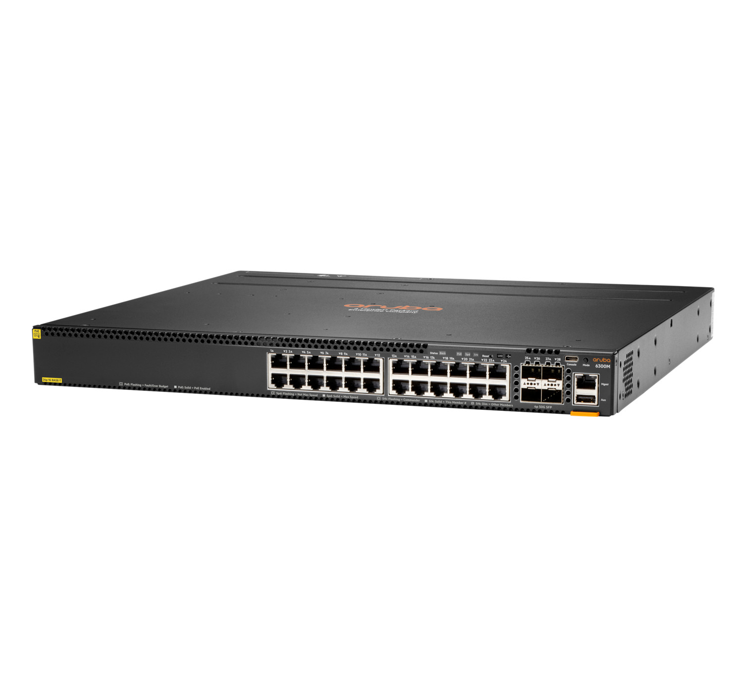 Switch de red Aruba 6300M negro con numerosos puertos RJ45 y puertos SFP.
