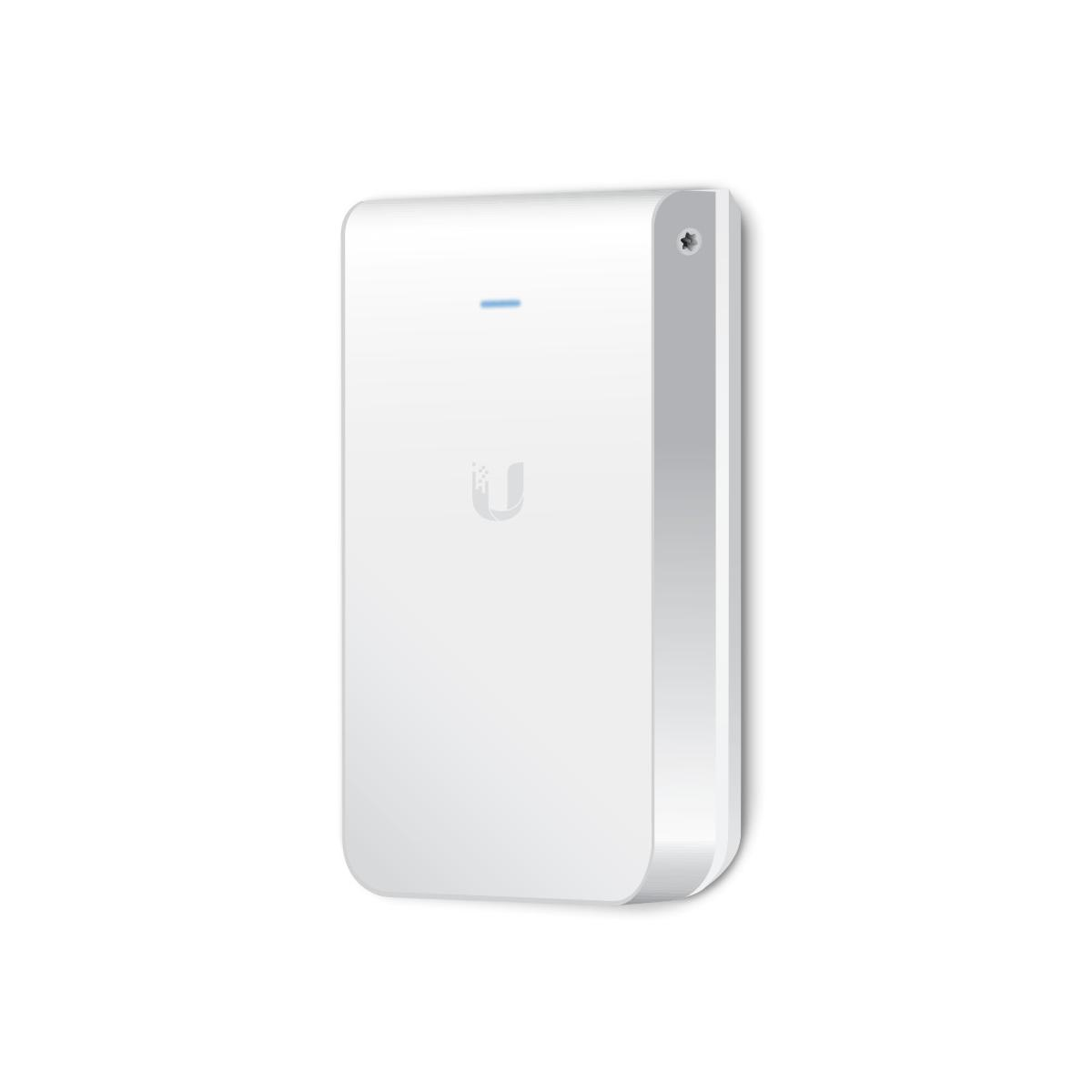 Un dispositivo bianco rettangolare con il logo Ubiquiti e una linea blu.
