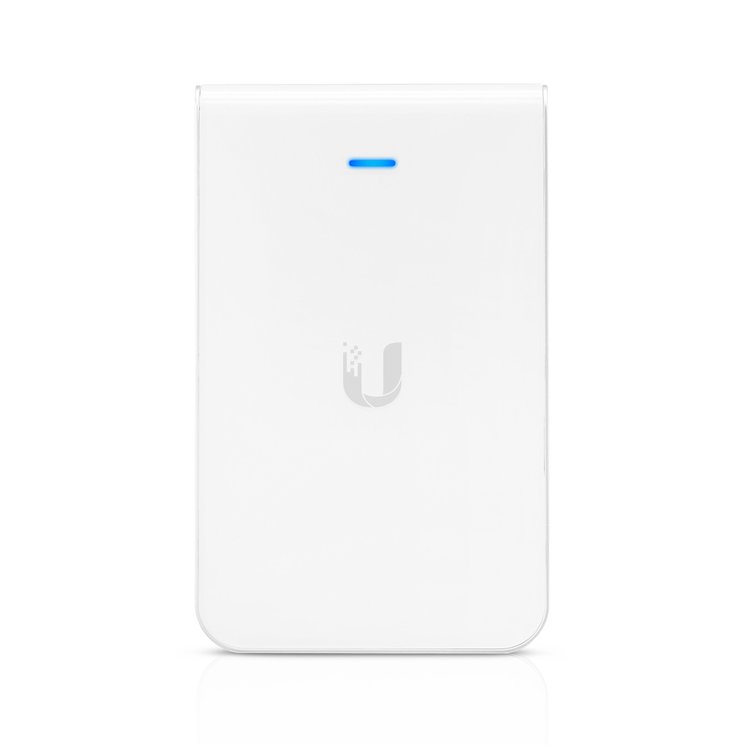 Un dispositivo bianco e rettangolare con una striscia luminosa blu in alto e un logo al centro.