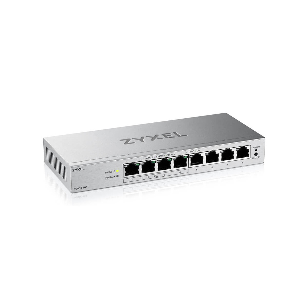 Un switch réseau Zyxel GS1200-8HP argenté à 8 ports.