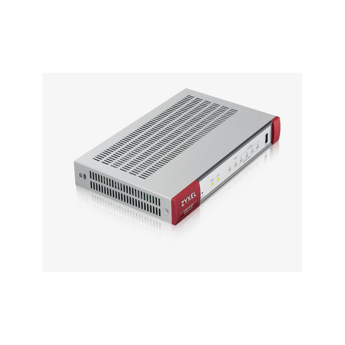 Un router Zyxel argentato con accenti rossi e fessure di ventilazione.