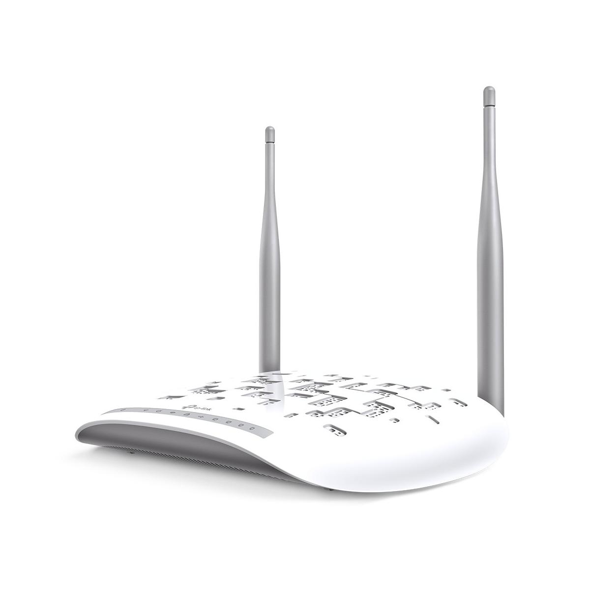 Een witte WiFi-router met twee zilveren antennes op een witte achtergrond.