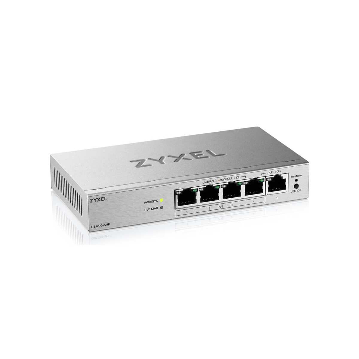 Switch réseau Zyxel argenté 5 ports avec indicateurs LED blancs.