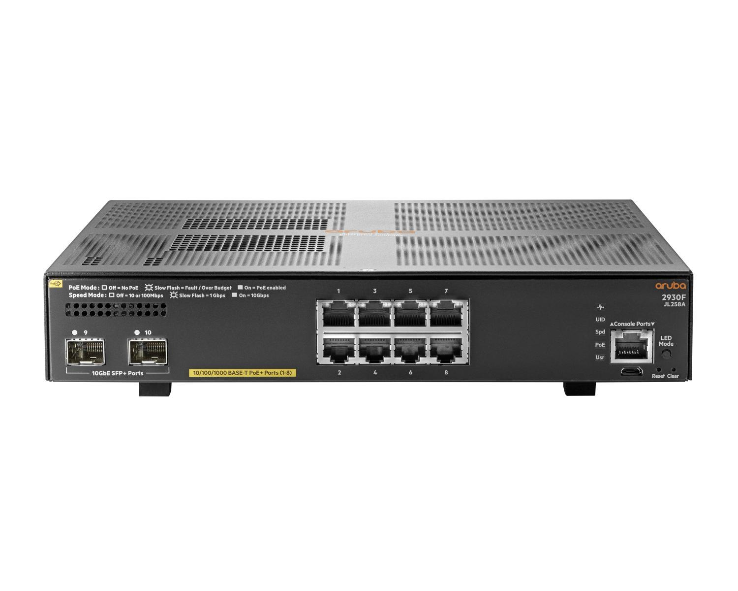 Switch di rete Aruba con 8 porte PoE, 2 porte SFP+ e LED di stato.