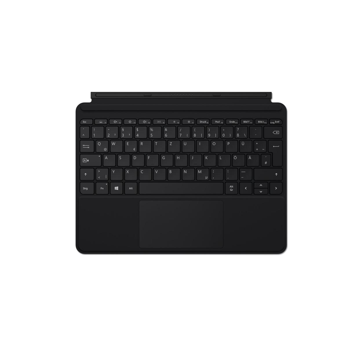 Una tastiera nera con touchpad e tasti tedeschi.