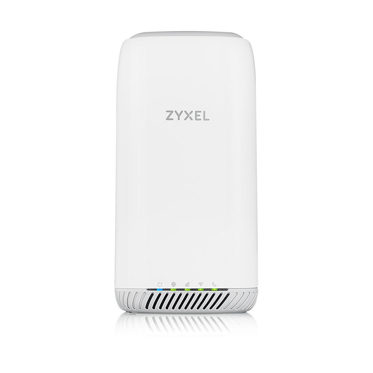 Router Zyxel blanco con luces de estado y base acanalada sobre fondo blanco.