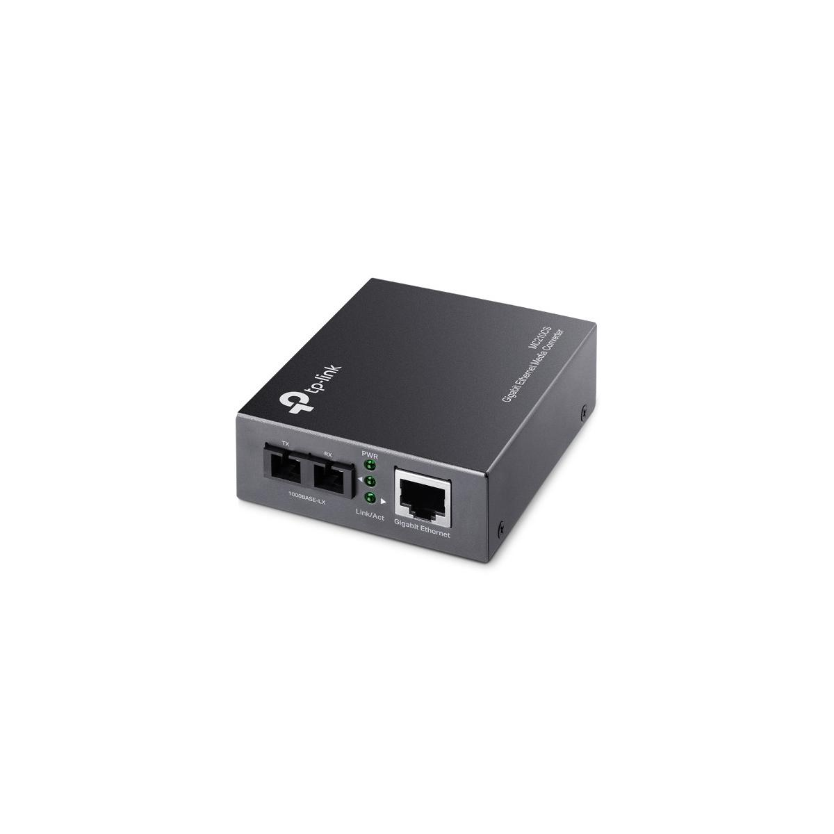 Portlar ve LED'ler bulunan siyah bir TP-Link Gigabit Ethernet medya dönüştürücü.