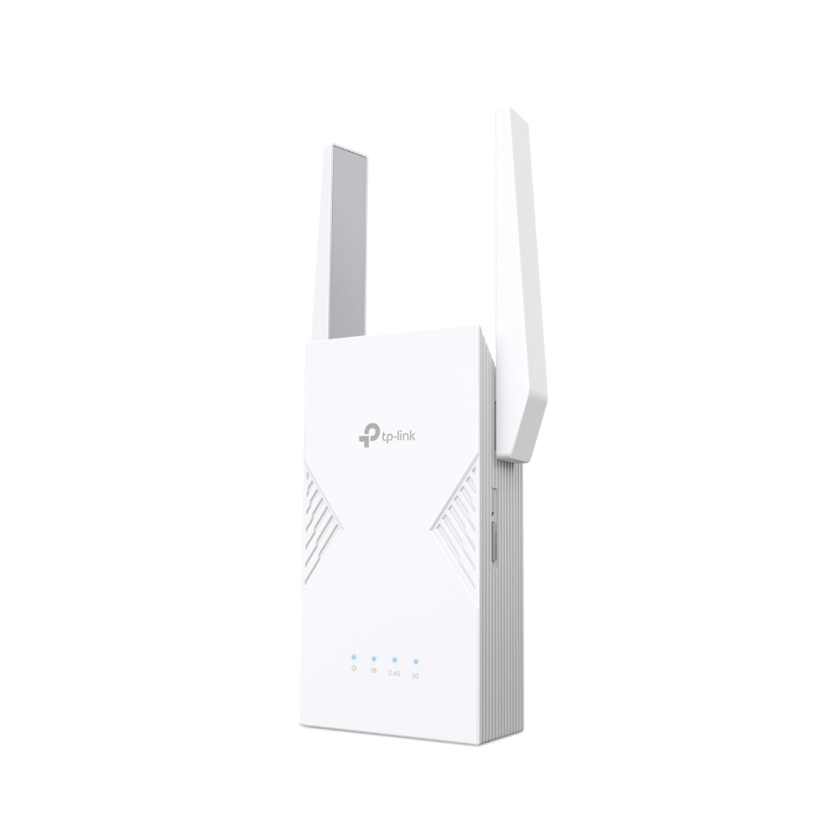 Ein weißer TP-Link WLAN-Extender mit zwei Antennen steht vor weißem Hintergrund.