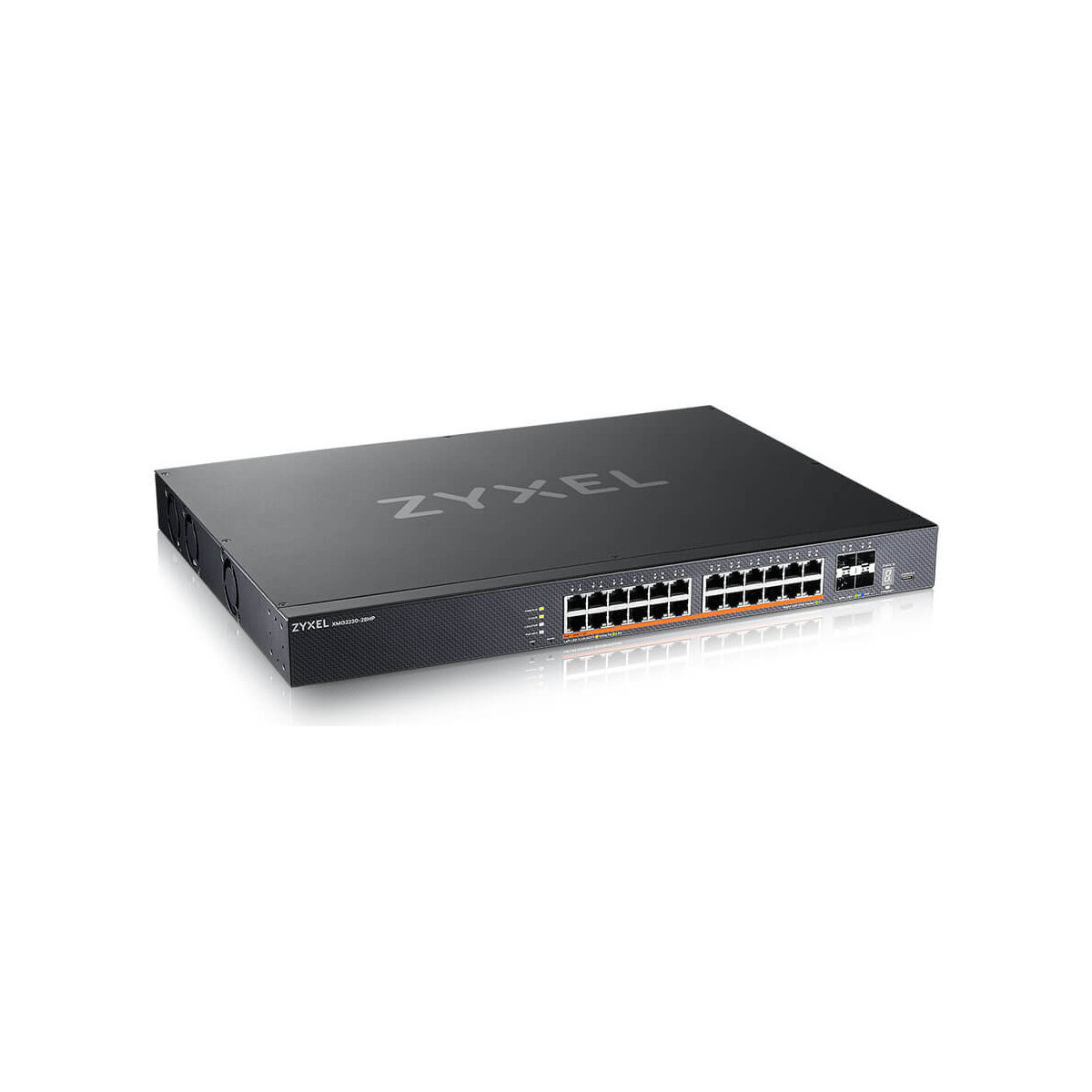 Ein schwarzer Zyxel Netzwerk-Switch mit vielen Anschlüssen auf der Vorderseite.