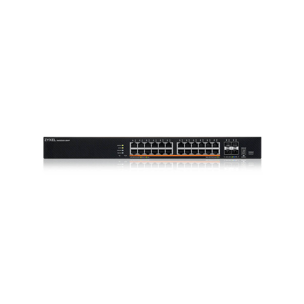 Ein schwarzer Zyxel-Netzwerk-Switch mit 24 Anschlüssen und LEDs.