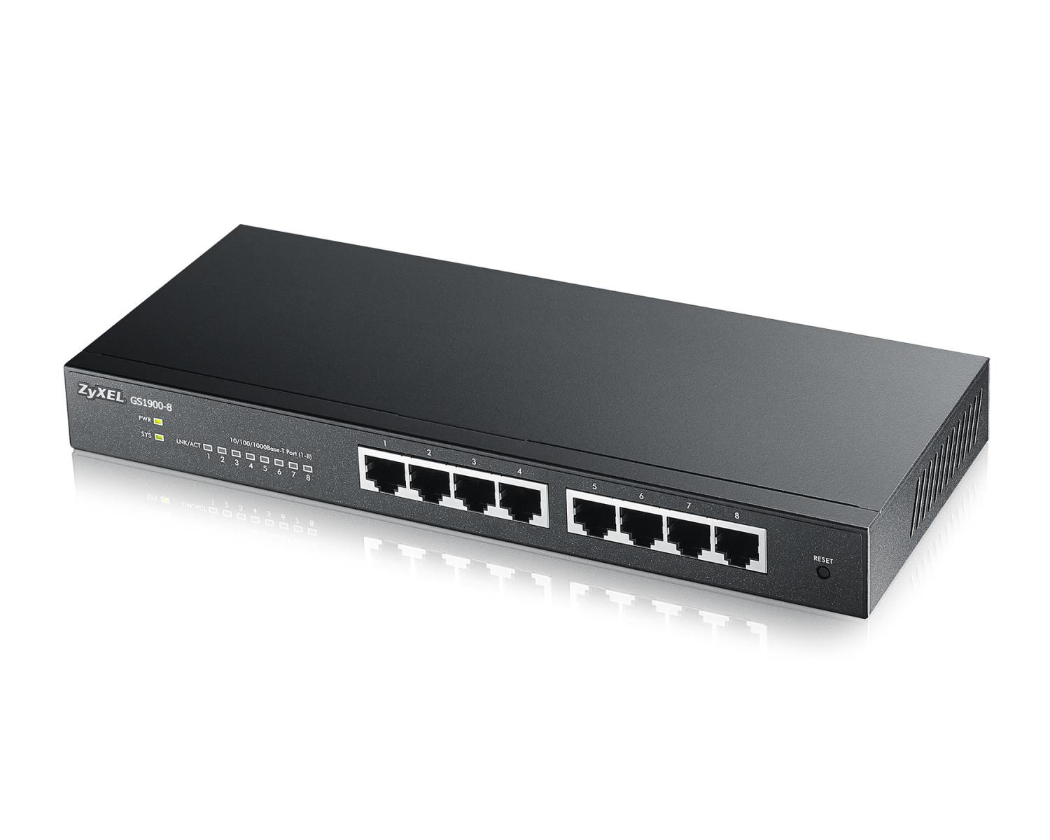 Switch di rete Zyxel GS1900-8 nero con 8 porte e spie di stato.