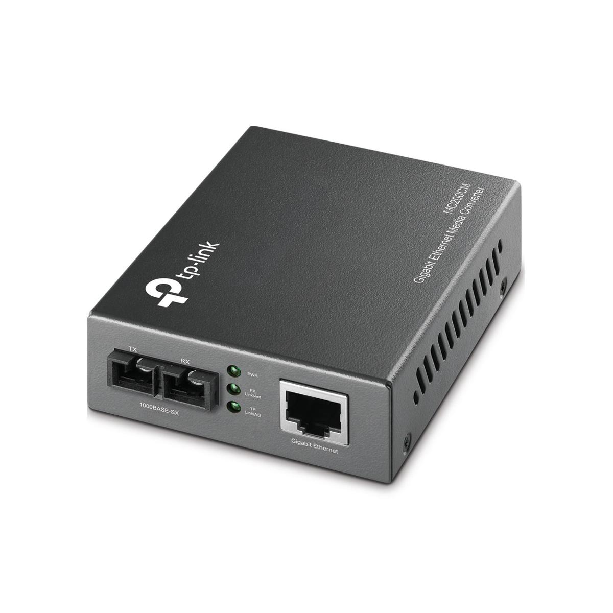 Gri TP-Link Gigabit Ethernet Medya Dönüştürücü, bağlantı noktaları ve LED'ler.
