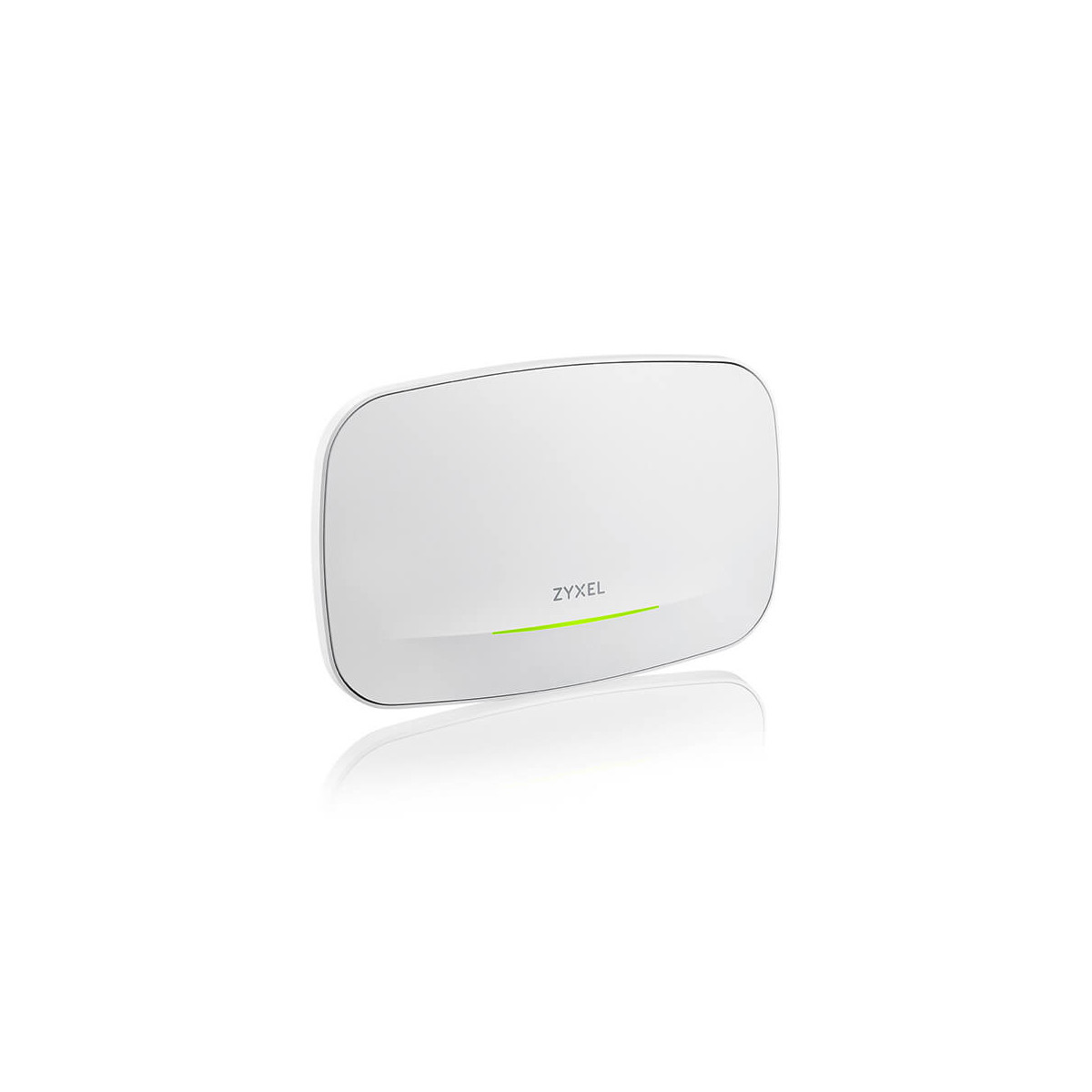Un router Zyxel bianco con una luce LED verde è mostrato su sfondo bianco.