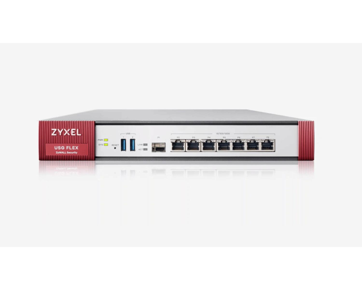 Un dispositivo di sicurezza di rete Zyxel USG FLEX con più porte Ethernet.