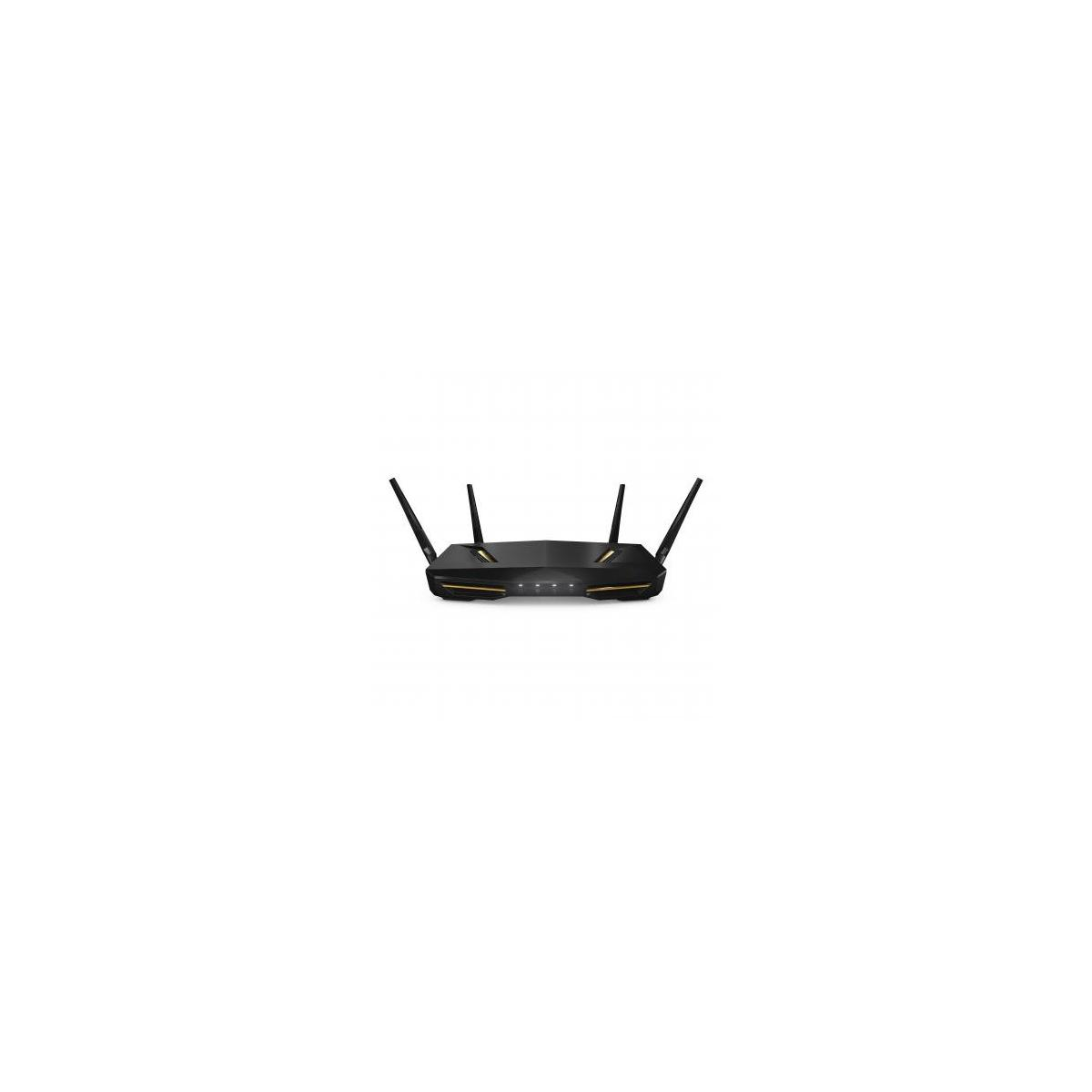 Un router negro con cuatro antenas y detalles dorados.