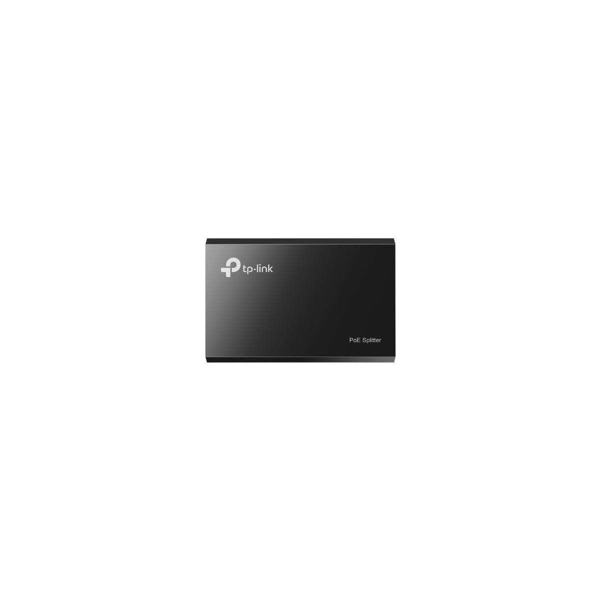 Divisor PoE TP-Link negro con logo y texto sobre fondo blanco.