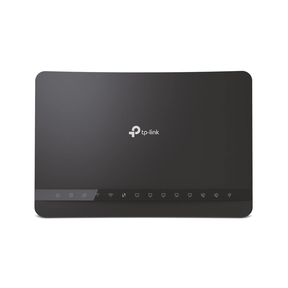 Router TP-Link negro con iconos de energía, internet, WiFi y USB.